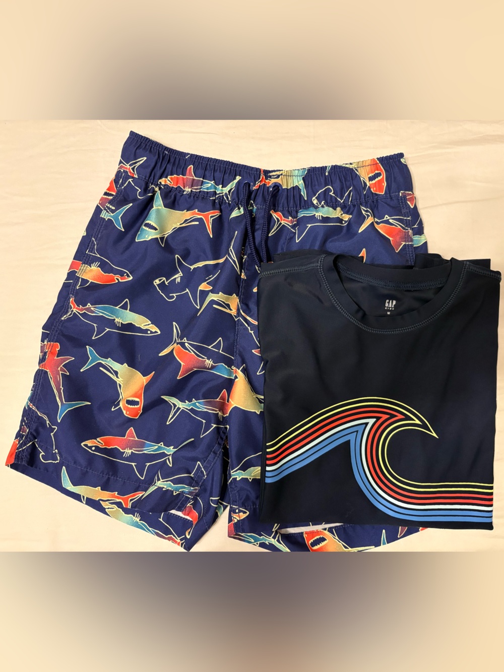 GAP Boys Navy Blue Shark Print swim trunks (L , 10) and  Rashguard (M, fit 10)